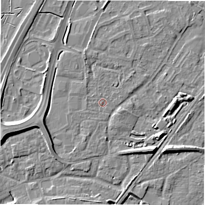 Shaded relief map of the ground around DE143HY, computed from Environment Agency LiDAR. The ground here sits at about 48 m above sea level and falls 10 m across the surrounding 800 m. Surface water reaching this point runs off ground lying to the north-west, 0.9 m higher.