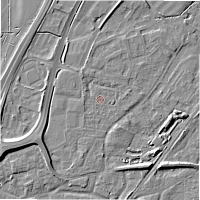 Shaded relief map of the ground around DE143HZ, computed from Environment Agency LiDAR. The ground here sits at about 48 m above sea level and falls 9 m across the surrounding 800 m. Surface water reaching this point runs off ground lying to the south, 0.6 m higher.
