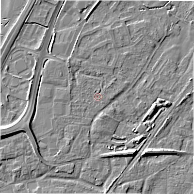 Shaded relief map of the ground around DE143JA, computed from Environment Agency LiDAR. The ground here sits at about 48 m above sea level and falls 9 m across the surrounding 800 m. Surface water reaching this point runs off ground lying to the north, 0.7 m higher.