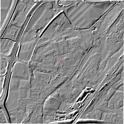 Shaded relief map of the ground around DE143JB, computed from Environment Agency LiDAR. The ground here sits at about 47 m above sea level and falls 8 m across the surrounding 800 m. Surface water reaching this point runs off ground lying to the north-east, 0.7 m higher.