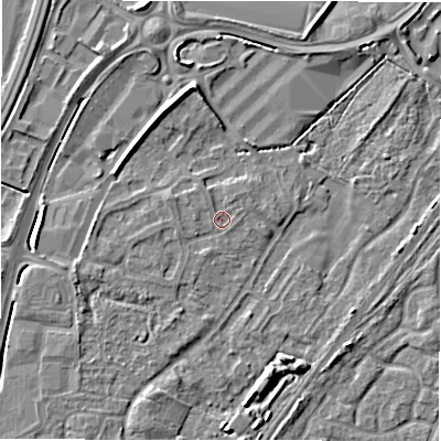 Shaded relief map of the ground around DE143JD, computed from Environment Agency LiDAR. The ground here sits at about 47 m above sea level and falls 6 m across the surrounding 800 m. Surface water reaching this point runs off ground lying to the west-south-west, 2.2 m higher.