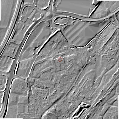 Shaded relief map of the ground around DE143JE, computed from Environment Agency LiDAR. The ground here sits at about 47 m above sea level and falls 6 m across the surrounding 800 m. Surface water reaching this point runs off ground lying to the west, 0.8 m higher.