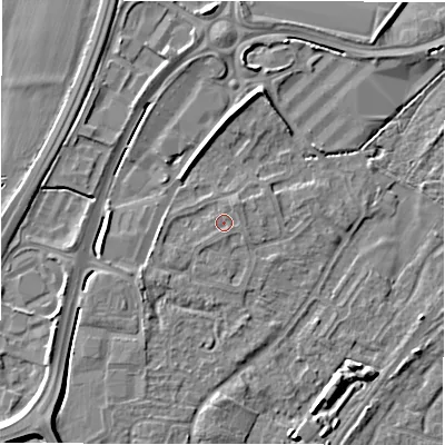 Shaded relief map of the ground around DE143JF, computed from Environment Agency LiDAR. The ground here sits at about 47 m above sea level and falls 8 m across the surrounding 800 m. Surface water reaching this point runs off ground lying to the south-west, 0.8 m higher.