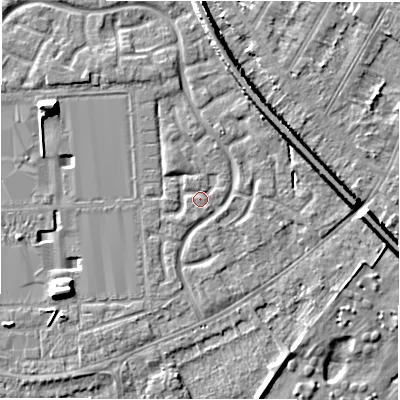 Shaded relief map of the ground around DE143JG, computed from Environment Agency LiDAR. The ground here sits at about 47 m above sea level and falls 7 m across the surrounding 800 m. Surface water reaching this point runs off ground lying to the south-west, 0.6 m higher.