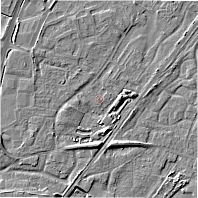 Shaded relief map of the ground around DE143JH, computed from Environment Agency LiDAR. The ground here sits at about 47 m above sea level and falls 8 m across the surrounding 800 m. Surface water reaching this point runs off ground lying to the south, 6.7 m higher.