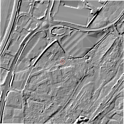 Shaded relief map of the ground around DE143JJ, computed from Environment Agency LiDAR. The ground here sits at about 47 m above sea level and falls 5 m across the surrounding 800 m. Surface water reaching this point runs off ground lying to the south-west, 1.3 m higher.