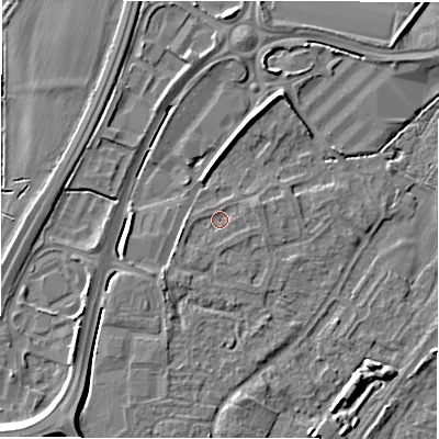 Shaded relief map of the ground around DE143JL, computed from Environment Agency LiDAR. The ground here sits at about 47 m above sea level and falls 9 m across the surrounding 800 m. Surface water reaching this point runs off ground lying to the south-south-west, 1.2 m higher.