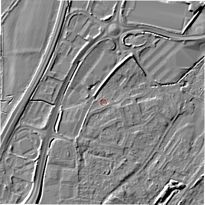 Shaded relief map of the ground around DE143JN, computed from Environment Agency LiDAR. The ground here sits at about 47 m above sea level and falls 6 m across the surrounding 800 m. Surface water reaching this point runs off ground lying to the south-west, 1.3 m higher.