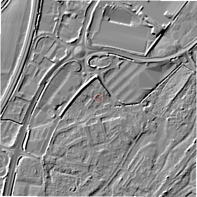 Shaded relief map of the ground around DE143JP, computed from Environment Agency LiDAR. The ground here sits at about 47 m above sea level and falls 5 m across the surrounding 800 m. Surface water reaching this point runs off ground lying to the south-west, 3.8 m higher.