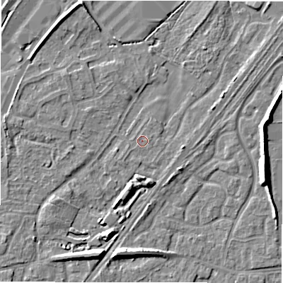 Shaded relief map of the ground around DE143JQ, computed from Environment Agency LiDAR. The ground here sits at about 47 m above sea level and falls 8 m across the surrounding 800 m. Surface water reaching this point runs off ground lying to the south-west, 0.6 m higher.