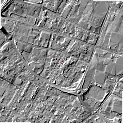 Shaded relief map of the ground around DE143JR, computed from Environment Agency LiDAR. The ground here sits at about 46 m above sea level and falls 6 m across the surrounding 800 m. Surface water reaching this point runs off ground lying to the south-east, 1.3 m higher.