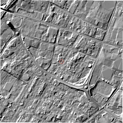 Shaded relief map of the ground around DE143JS, computed from Environment Agency LiDAR. The ground here sits at about 46 m above sea level and falls 6 m across the surrounding 800 m. Surface water reaching this point runs off ground lying to the west-north-west, 0.7 m higher.