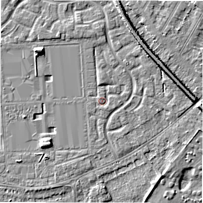 Shaded relief map of the ground around DE143JT, computed from Environment Agency LiDAR. The ground here sits at about 47 m above sea level and falls 7 m across the surrounding 800 m. Surface water reaching this point runs off ground lying to the north, 0.9 m higher.