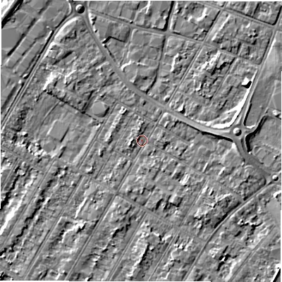 Shaded relief map of the ground around DE143JU, computed from Environment Agency LiDAR. The ground here sits at about 46 m above sea level and falls 4 m across the surrounding 800 m. Surface water reaching this point runs off ground lying to the east, 3.5 m higher.