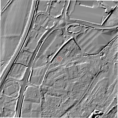 Shaded relief map of the ground around DE143JW, computed from Environment Agency LiDAR. The ground here sits at about 47 m above sea level and falls 5 m across the surrounding 800 m. Surface water reaching this point runs off ground lying to the south-west, 2.2 m higher.