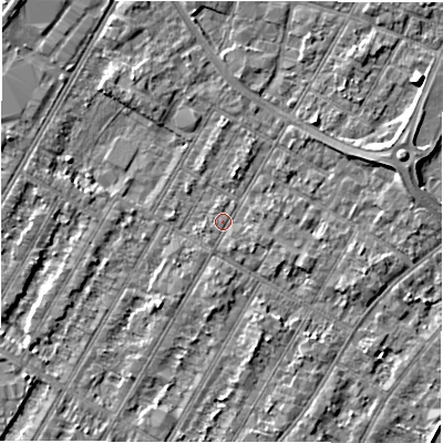 Shaded relief map of the ground around DE143JX, computed from Environment Agency LiDAR. The ground here sits at about 46 m above sea level and falls 4 m across the surrounding 800 m. Surface water reaching this point runs off ground lying to the south-south-east, 0.8 m higher.