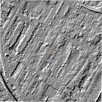 Shaded relief map of the ground around DE143JY, computed from Environment Agency LiDAR. The ground here sits at about 46 m above sea level and falls 5 m across the surrounding 800 m. Surface water reaching this point runs off ground lying to the north-north-west, 1.1 m higher.