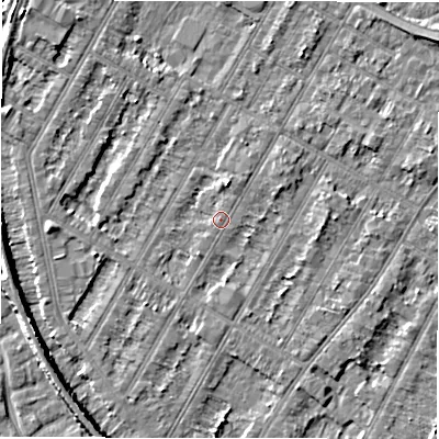 Shaded relief map of the ground around DE143LA, computed from Environment Agency LiDAR. The ground here sits at about 46 m above sea level and falls 5 m across the surrounding 800 m. Surface water reaching this point runs off ground lying to the north-north-east, 2.0 m higher.