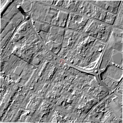 Shaded relief map of the ground around DE143LB, computed from Environment Agency LiDAR. The ground here sits at about 46 m above sea level and falls 6 m across the surrounding 800 m. Surface water reaching this point runs off ground lying to the east-south-east, 2.9 m higher.
