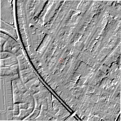 Shaded relief map of the ground around DE143LD, computed from Environment Agency LiDAR. The ground here sits at about 47 m above sea level and falls 7 m across the surrounding 800 m. Surface water reaching this point runs off ground lying to the south, 1.3 m higher.
