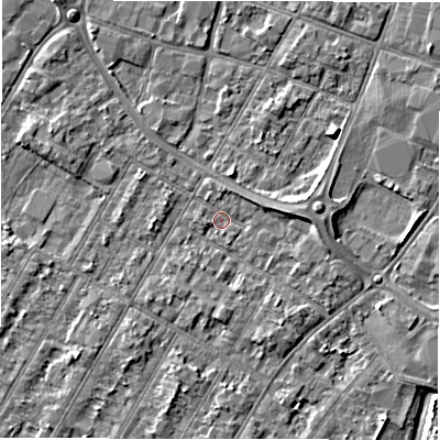 Shaded relief map of the ground around DE143LE, computed from Environment Agency LiDAR. The ground here sits at about 46 m above sea level and falls 4 m across the surrounding 800 m. Surface water reaching this point runs off ground lying to the east, 2.8 m higher.