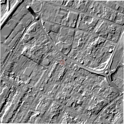 Shaded relief map of the ground around DE143LF, computed from Environment Agency LiDAR. The ground here sits at about 46 m above sea level and falls 6 m across the surrounding 800 m. Surface water reaching this point runs off ground lying to the west-south-west, 0.9 m higher.