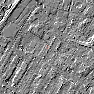 Shaded relief map of the ground around DE143LG, computed from Environment Agency LiDAR. The ground here sits at about 46 m above sea level and falls 5 m across the surrounding 800 m. Surface water reaching this point runs off ground lying to the north-north-west, 3.5 m higher.