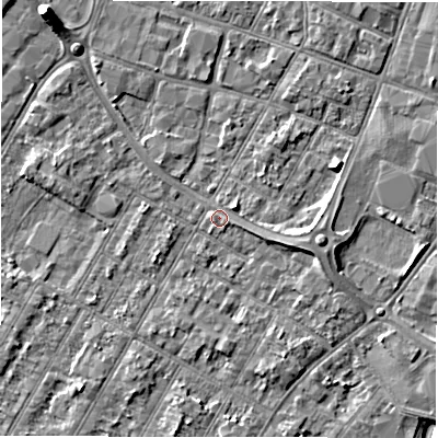 Shaded relief map of the ground around DE143LH, computed from Environment Agency LiDAR. The ground here sits at about 46 m above sea level and falls 6 m across the surrounding 800 m. Surface water reaching this point runs off ground lying to the east-south-east, 2.4 m higher.