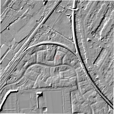 Shaded relief map of the ground around DE143LJ, computed from Environment Agency LiDAR. The ground here sits at about 47 m above sea level and falls 9 m across the surrounding 800 m. Surface water reaching this point runs off ground lying to the north-east, 2.8 m higher.