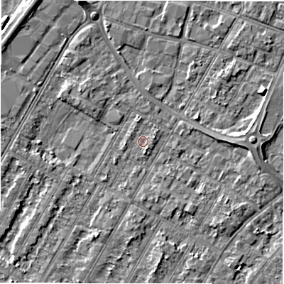 Shaded relief map of the ground around DE143LL, computed from Environment Agency LiDAR. The ground here sits at about 46 m above sea level and falls 4 m across the surrounding 800 m. Surface water reaching this point runs off ground lying to the south-south-east, 1.0 m higher.