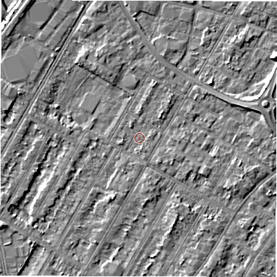 Shaded relief map of the ground around DE143LN, computed from Environment Agency LiDAR. The ground here sits at about 46 m above sea level and falls 5 m across the surrounding 800 m. Surface water reaching this point runs off ground lying to the south-south-west, 1.1 m higher.