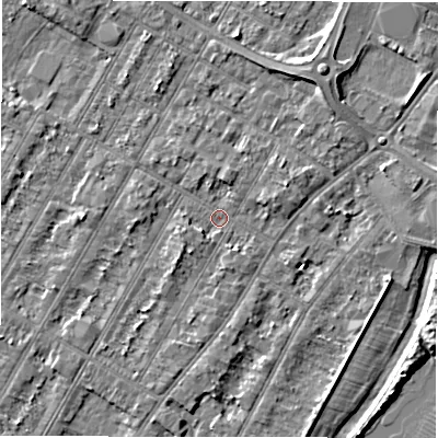 Shaded relief map of the ground around DE143LR, computed from Environment Agency LiDAR. The ground here sits at about 46 m above sea level and falls 4 m across the surrounding 800 m. Surface water reaching this point runs off ground lying to the south-west, 2.6 m higher.