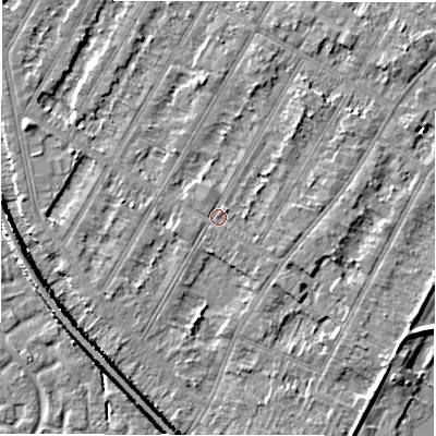 Shaded relief map of the ground around DE143LS, computed from Environment Agency LiDAR. The ground here sits at about 46 m above sea level and falls 7 m across the surrounding 800 m. Surface water reaching this point runs off ground lying to the north-east, 0.6 m higher.