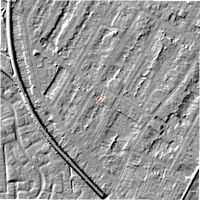 Shaded relief map of the ground around DE143LT, computed from Environment Agency LiDAR. The ground here sits at about 46 m above sea level and falls 7 m across the surrounding 800 m. Surface water reaching this point runs off ground lying to the south-south-west, 1.4 m higher.