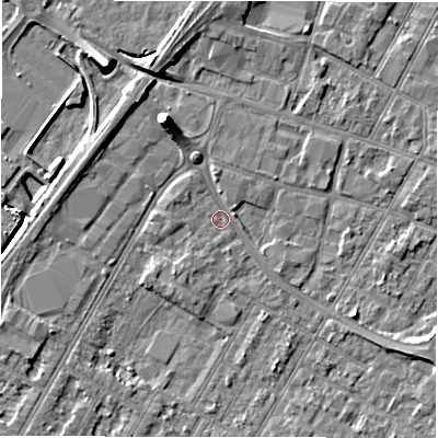 Shaded relief map of the ground around DE143LU, computed from Environment Agency LiDAR. The ground here sits at about 46 m above sea level and falls 8 m across the surrounding 800 m. Surface water reaching this point runs off ground lying to the north-north-west, 5.1 m higher.