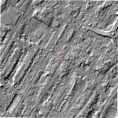 Shaded relief map of the ground around DE143LW, computed from Environment Agency LiDAR. The ground here sits at about 46 m above sea level and falls 4 m across the surrounding 800 m. Surface water reaching this point runs off ground lying to the south-west, 0.9 m higher.