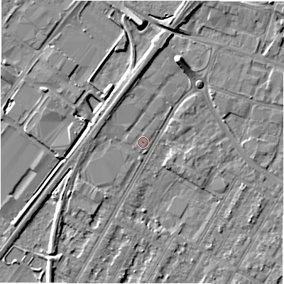 Shaded relief map of the ground around DE143LX, computed from Environment Agency LiDAR. The ground here sits at about 46 m above sea level and falls 8 m across the surrounding 800 m. The ground contributing surface water to this point lies to the north-north-west.
