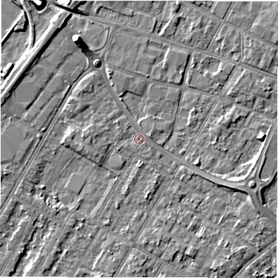 Shaded relief map of the ground around DE143LY, computed from Environment Agency LiDAR. The ground here sits at about 46 m above sea level and falls 7 m across the surrounding 800 m. Surface water reaching this point runs off ground lying to the west, 1.2 m higher.
