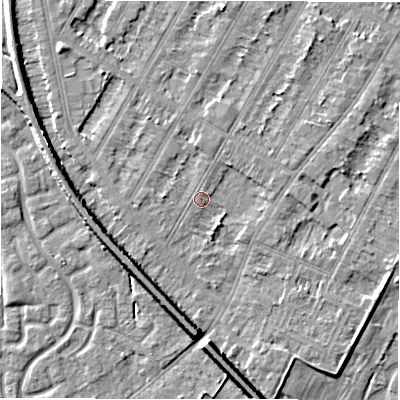 Shaded relief map of the ground around DE143LZ, computed from Environment Agency LiDAR. The ground here sits at about 46 m above sea level and falls 8 m across the surrounding 800 m. Surface water reaching this point runs off ground lying to the south-east, 1.6 m higher.