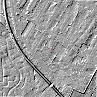 Shaded relief map of the ground around DE143NA, computed from Environment Agency LiDAR. The ground here sits at about 46 m above sea level and falls 8 m across the surrounding 800 m. Surface water reaching this point runs off ground lying to the west-south-west, 1.1 m higher.
