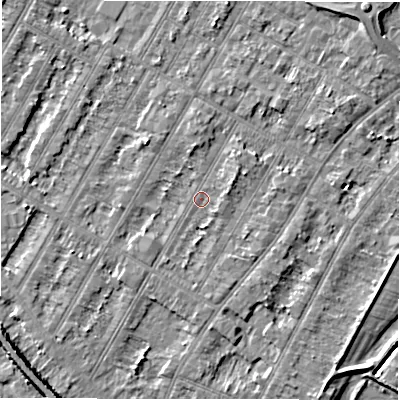 Shaded relief map of the ground around DE143NB, computed from Environment Agency LiDAR. The ground here sits at about 46 m above sea level and falls 6 m across the surrounding 800 m. Surface water reaching this point runs off ground lying to the south, 1.6 m higher.