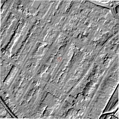 Shaded relief map of the ground around DE143ND, computed from Environment Agency LiDAR. The ground here sits at about 46 m above sea level and falls 6 m across the surrounding 800 m. Surface water reaching this point runs off ground lying to the south-west, 1.8 m higher.