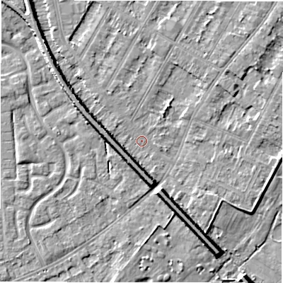 Shaded relief map of the ground around DE143NE, computed from Environment Agency LiDAR. The ground here sits at about 46 m above sea level and falls 8 m across the surrounding 800 m. Surface water reaching this point runs off ground lying to the south-south-east, 6.8 m higher.