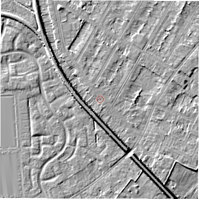 Shaded relief map of the ground around DE143NF, computed from Environment Agency LiDAR. The ground here sits at about 46 m above sea level and falls 8 m across the surrounding 800 m. Surface water reaching this point runs off ground lying to the south-east, 6.9 m higher.