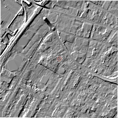 Shaded relief map of the ground around DE143NG, computed from Environment Agency LiDAR. The ground here sits at about 46 m above sea level and falls 8 m across the surrounding 800 m. Surface water reaching this point runs off ground lying to the west, 0.8 m higher.