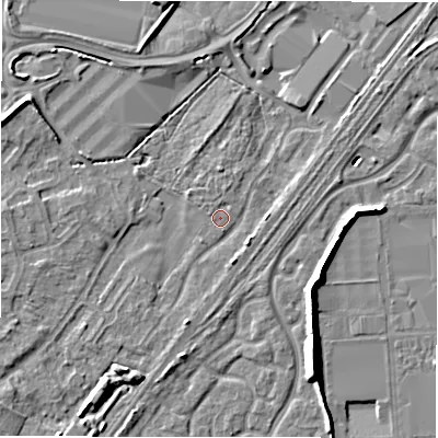 Shaded relief map of the ground around DE143NH, computed from Environment Agency LiDAR. The ground here sits at about 46 m above sea level and falls 10 m across the surrounding 800 m. Surface water reaching this point runs off ground lying to the south-east, 2.3 m higher.