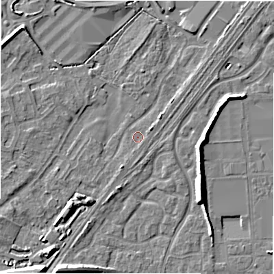 Shaded relief map of the ground around DE143NJ, computed from Environment Agency LiDAR. The ground here sits at about 47 m above sea level and falls 10 m across the surrounding 800 m. Surface water reaching this point runs off ground lying to the east-north-east, 1.4 m higher.