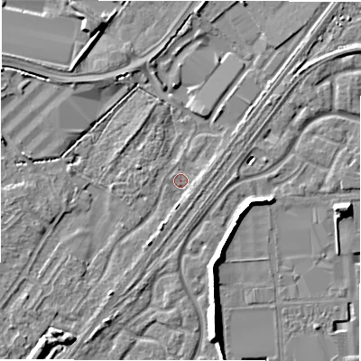 Shaded relief map of the ground around DE143NL, computed from Environment Agency LiDAR. The ground here sits at about 46 m above sea level and falls 10 m across the surrounding 800 m. Surface water reaching this point runs off ground lying to the south-south-west, 2.7 m higher.