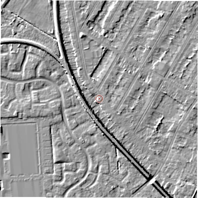 Shaded relief map of the ground around DE143NN, computed from Environment Agency LiDAR. The ground here sits at about 47 m above sea level and falls 7 m across the surrounding 800 m. Surface water reaching this point runs off ground lying to the south-south-east, 6.4 m higher.
