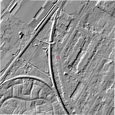 Shaded relief map of the ground around DE143NP, computed from Environment Agency LiDAR. The ground here sits at about 47 m above sea level and falls 6 m across the surrounding 800 m. Surface water reaching this point runs off ground lying to the south-west, 2.5 m higher.